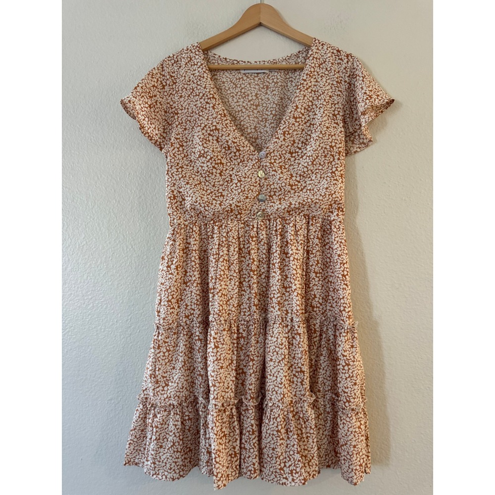 Petal + Pup Floral Tiered Mini Dress V-Neck Flutter Sleeve Size 10 Rust Orange